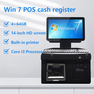 14インチ デュアルタッチスクリーン Win7 POSレジ i3 CPU 4+64GB デスクトップPOSターミナル プリンター、キーボード、スキャナー付き