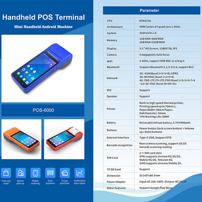 5.5インチ ハンドヘルド Android POSシステム キャッシュレジスターマシン タッチスクリーン モバイルPOSターミナル WiFi USB NFC 決済 小売用 ブルー