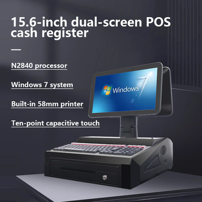 OEM ODM 15.6インチ デュアルスクリーン Win7 Pos キャッシュレジスタ N2840 Cpu 2+32GB デスクトップ POSターミナル 58mmプリンタ,キーボード